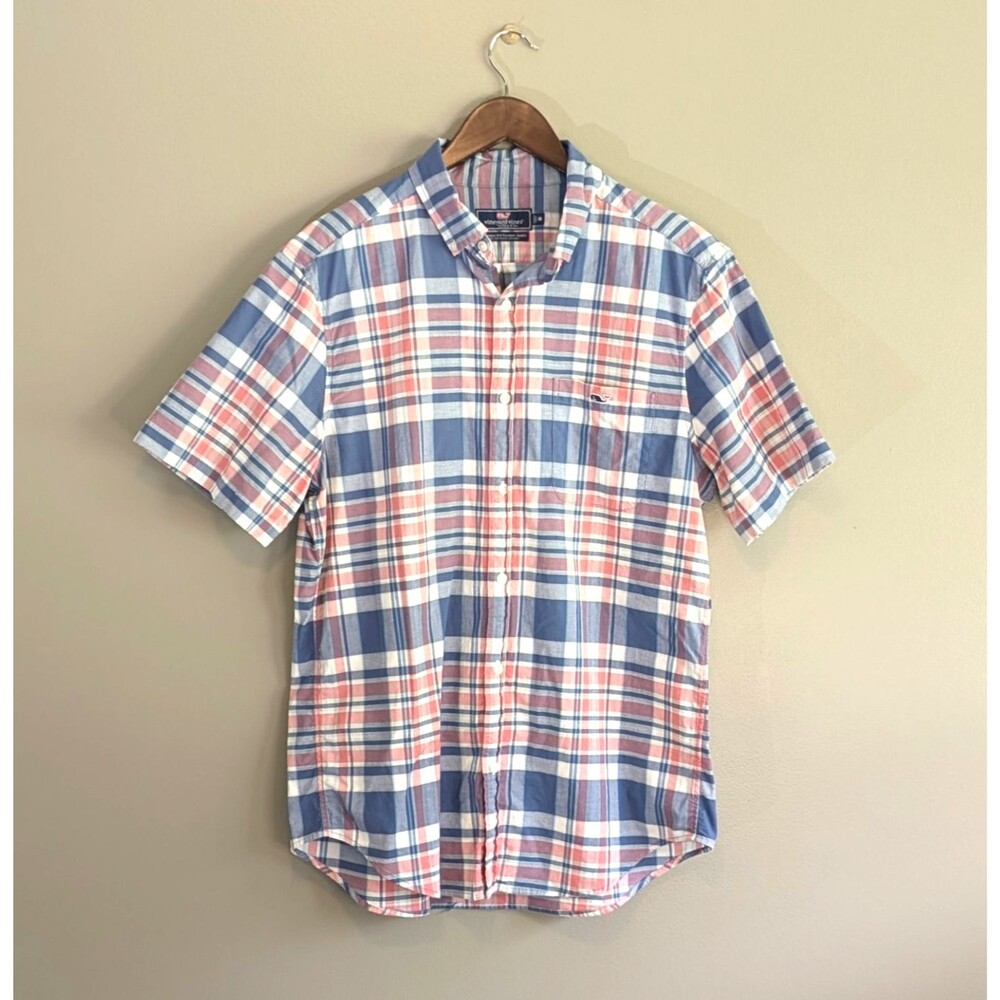 Vineyard Vines Mens Medium Tucker Shirt Pink Blue Plaid Button Down Short Sleeve